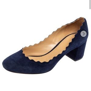 NWT Chloe Blue Suede Lauren Scallop Trim Block Heel Pumps Size 37